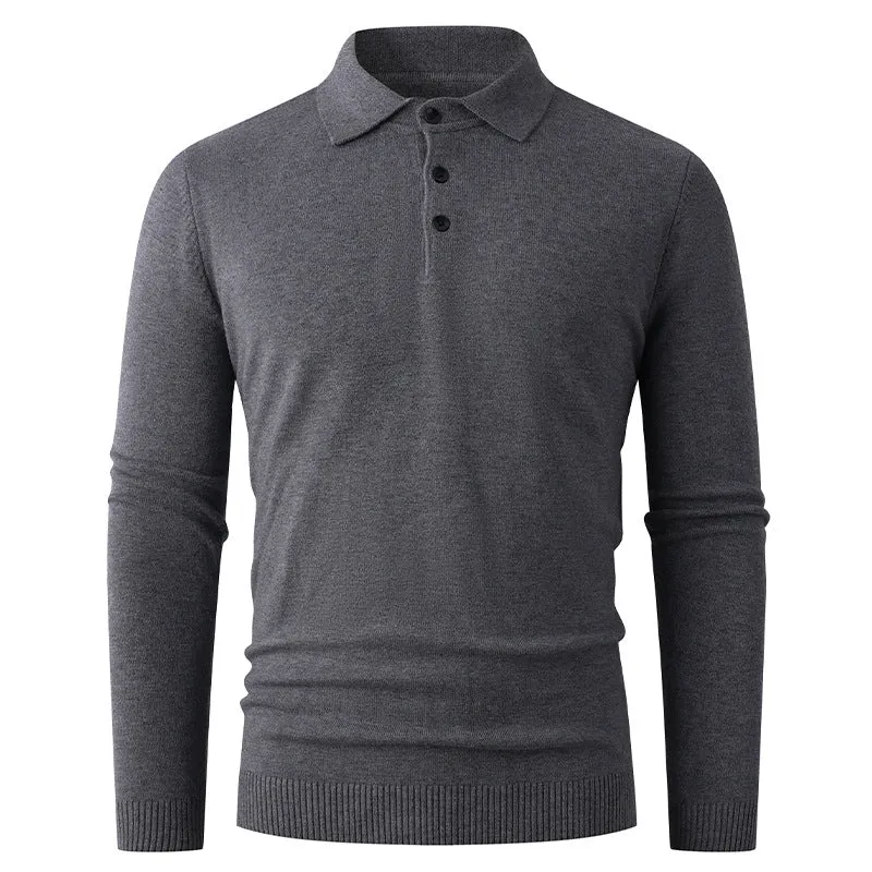 Herren Feiner Langarm-Polokragen-Pullover mit Dreiknopfleiste und schmaler Silhouette Drune