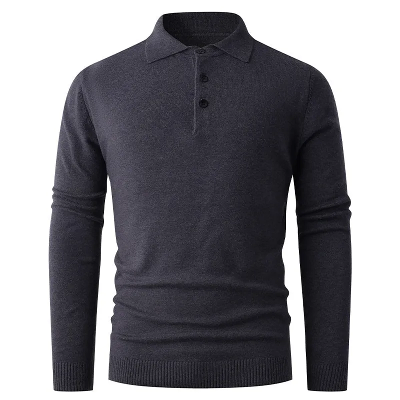 Herren Feiner Langarm-Polokragen-Pullover mit Dreiknopfleiste und schmaler Silhouette Drune