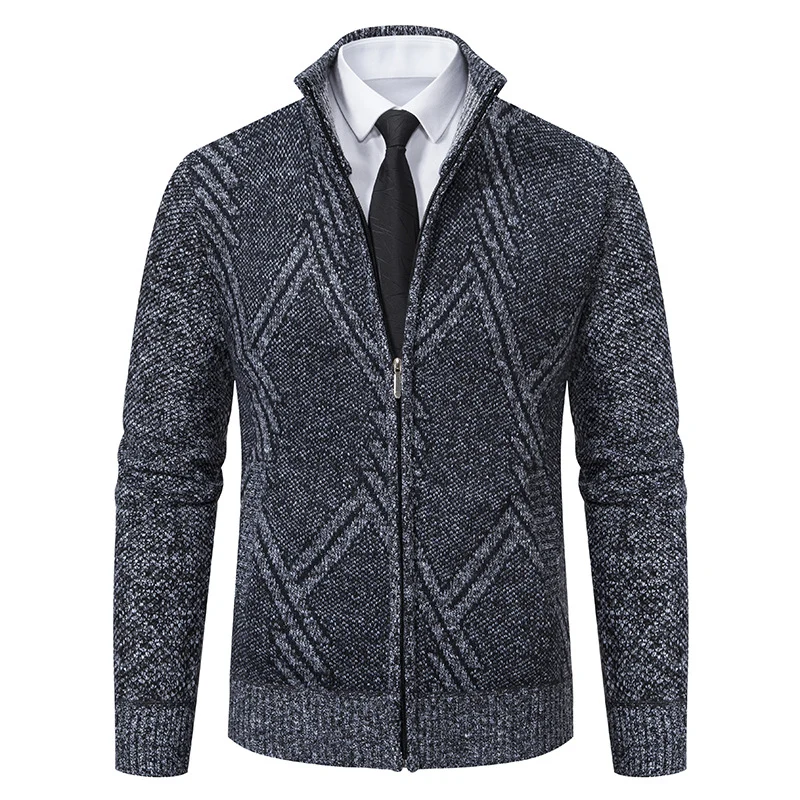 Herren Feiner Jacquard-Cardigan mit durchgehendem Reißverschluss, Stehkragen und Eingrifftaschen Drune