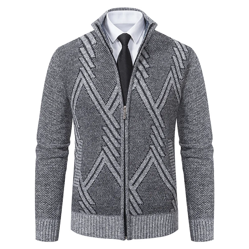 Herren Feiner Jacquard-Cardigan mit durchgehendem Reißverschluss, Stehkragen und Eingrifftaschen Drune