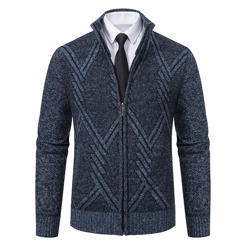 Herren Feiner Jacquard-Cardigan mit durchgehendem Reißverschluss, Stehkragen und Eingrifftaschen Drune