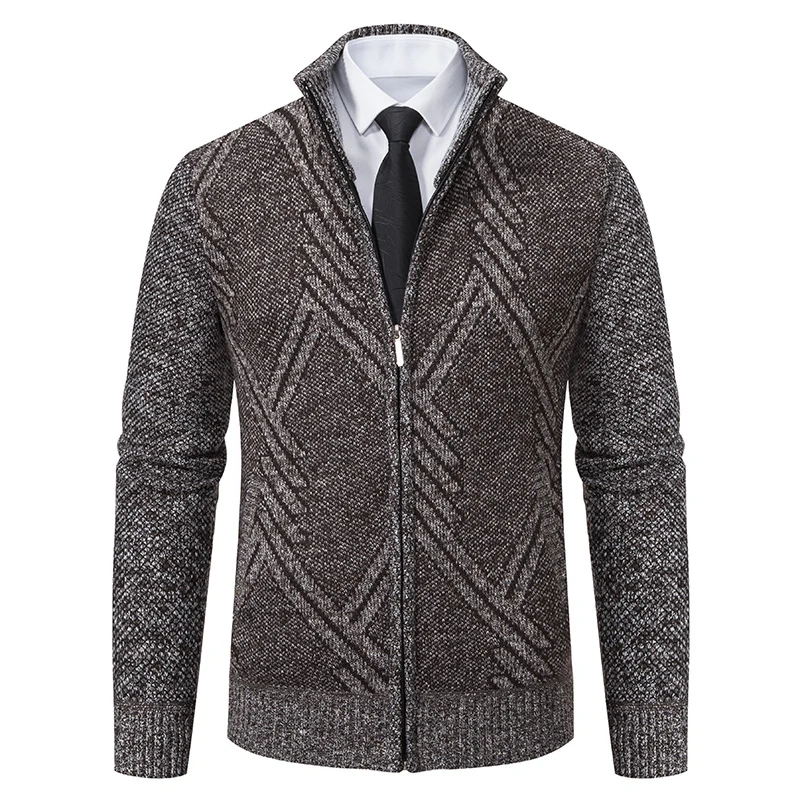 Herren Feiner Jacquard-Cardigan mit durchgehendem Reißverschluss, Stehkragen und Eingrifftaschen Drune