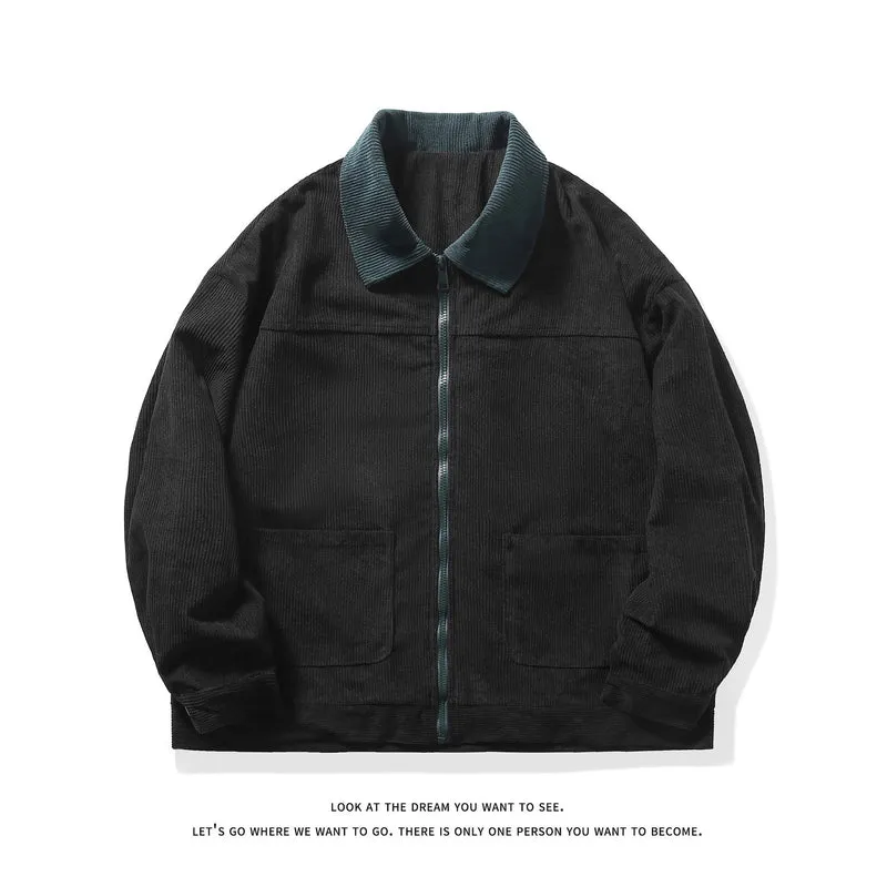Herren Feincord-Übergangsjacke mit durchgehendem Reißverschluss, Kontrastkragen und aufgesetzten Taschen Drune