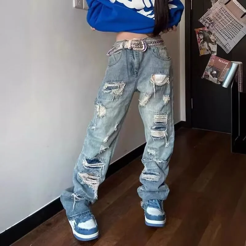 Herren Extraweite Ripped Baggy-Jeans mit tiefem Schritt und ausgeprägten Destroyed-Details Drune