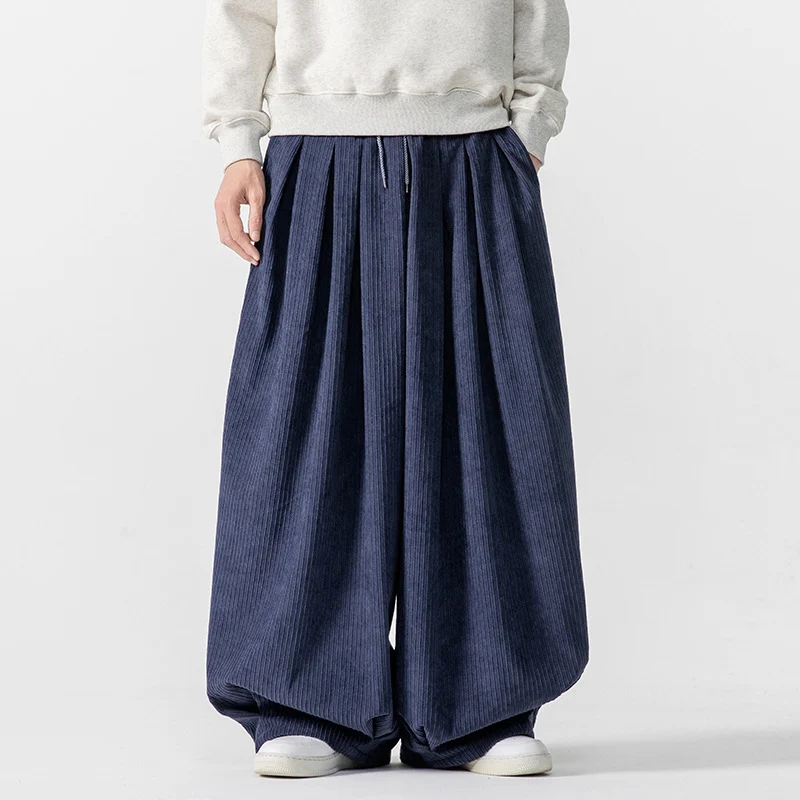 Herren Extraweite Plissée-Hose mit Rippstruktur und Tunnelzug Drune