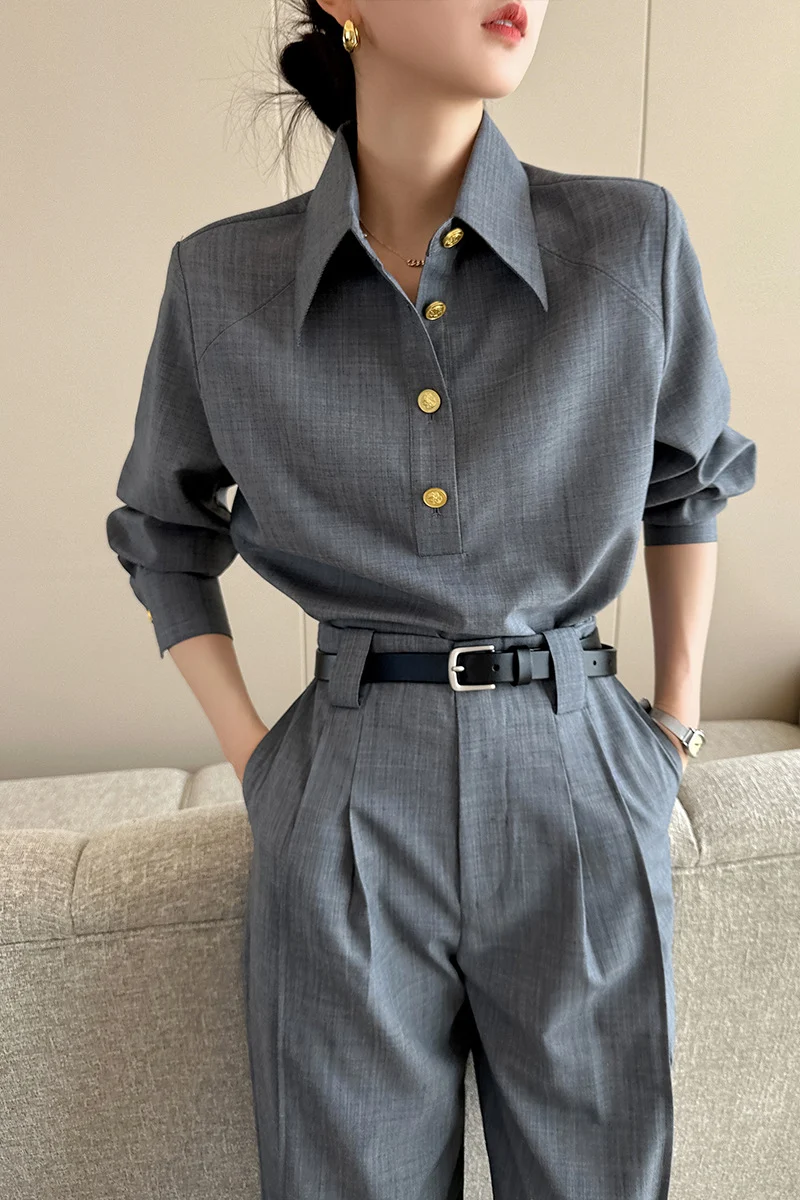 Damen Elegante und vielseitige Bluse mit Knopfdetail Drune