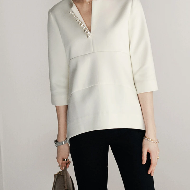 Damen Elegante und stilvolle Bluse mit Perlen-Detail Drune
