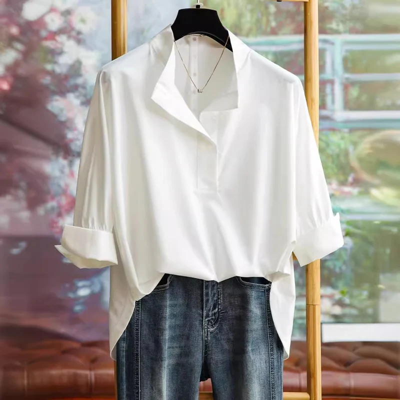 Damen Elegante und fließende Bluse mit Stehkragen Drune