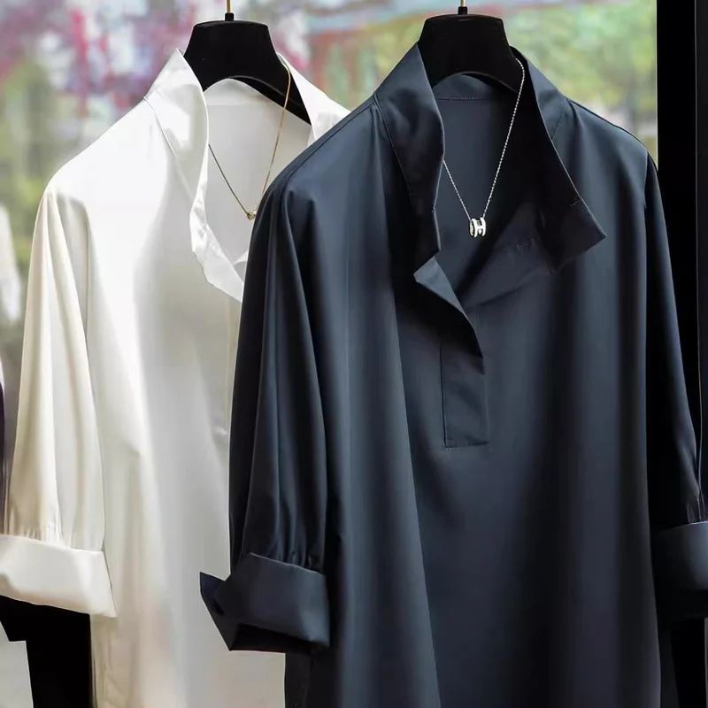 Damen Elegante und fließende Bluse mit Stehkragen Drune
