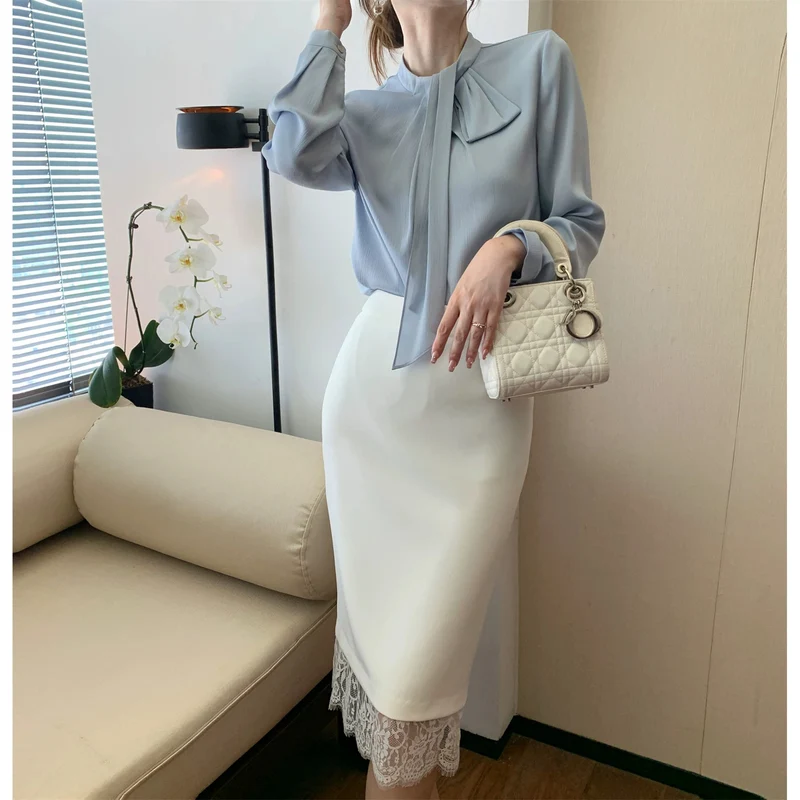 Damen Elegante und figurbetonte Bluse mit Schleifendetail Drune
