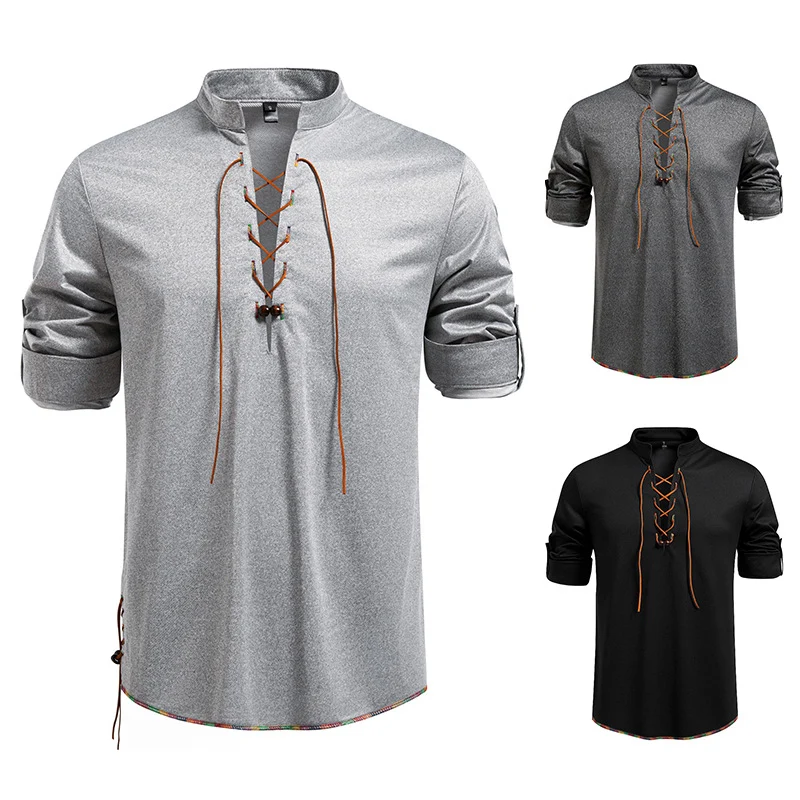 Herren Lässiges Baumwoll-Langarmshirt mit Schnürung, Stehkragen und aufkrempelbaren Ärmeln Drune