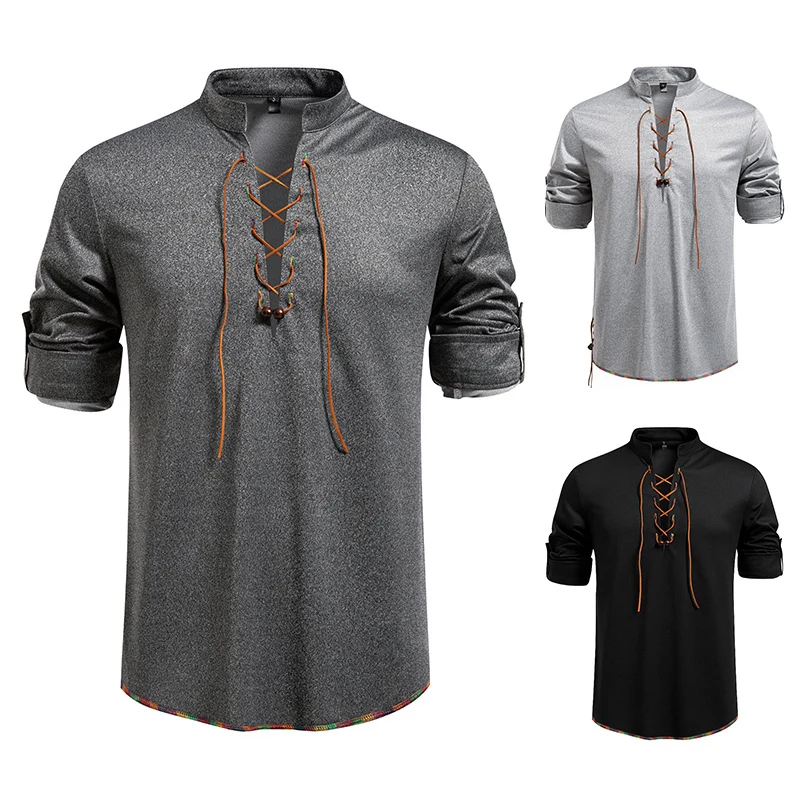 Herren Lässiges Baumwoll-Langarmshirt mit Schnürung, Stehkragen und aufkrempelbaren Ärmeln Drune