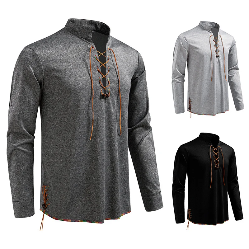 Herren Lässiges Baumwoll-Langarmshirt mit Schnürung, Stehkragen und aufkrempelbaren Ärmeln Drune
