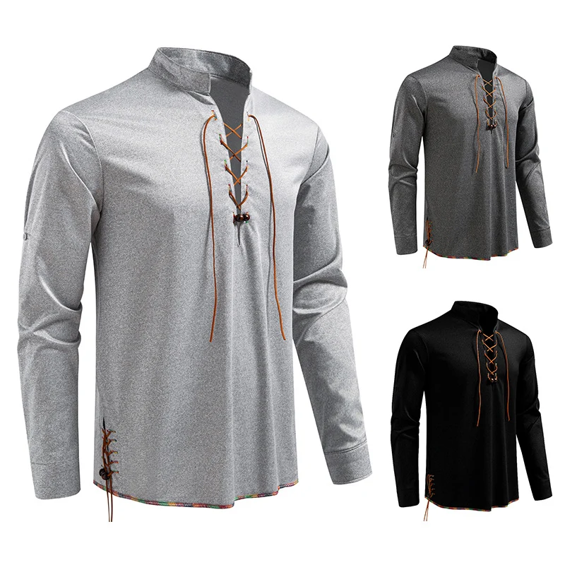 Herren Lässiges Baumwoll-Langarmshirt mit Schnürung, Stehkragen und aufkrempelbaren Ärmeln Drune