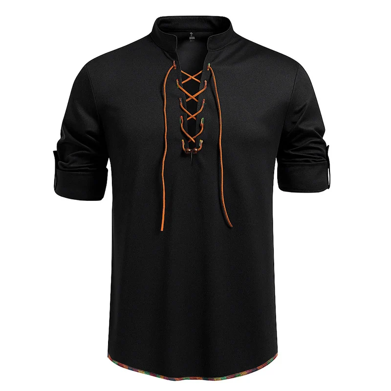 Herren Lässiges Baumwoll-Langarmshirt mit Schnürung, Stehkragen und aufkrempelbaren Ärmeln Drune