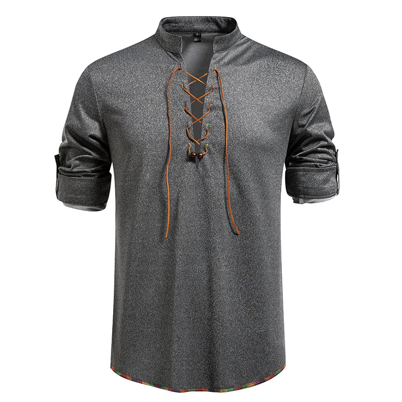 Herren Lässiges Baumwoll-Langarmshirt mit Schnürung, Stehkragen und aufkrempelbaren Ärmeln Drune