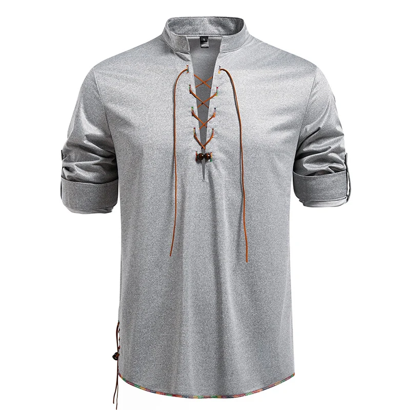 Herren Lässiges Baumwoll-Langarmshirt mit Schnürung, Stehkragen und aufkrempelbaren Ärmeln Drune