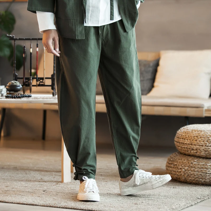Herren Lässige Leinenmix-Hose mit Tunnelzugbund, verengtem Fußabschluss und Knoten-Detail Drune
