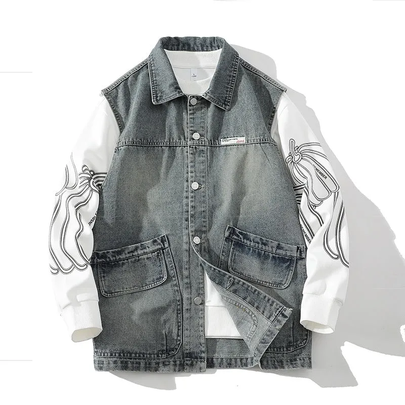Herren Lässige Denim-Weste mit integriertem Sweatshirt-Ärmel und großen Pattentaschen Drune