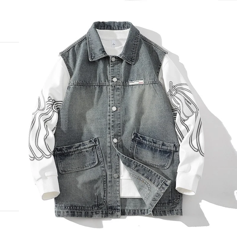 Herren Lässige Denim-Weste mit integriertem Sweatshirt-Ärmel und großen Pattentaschen Drune