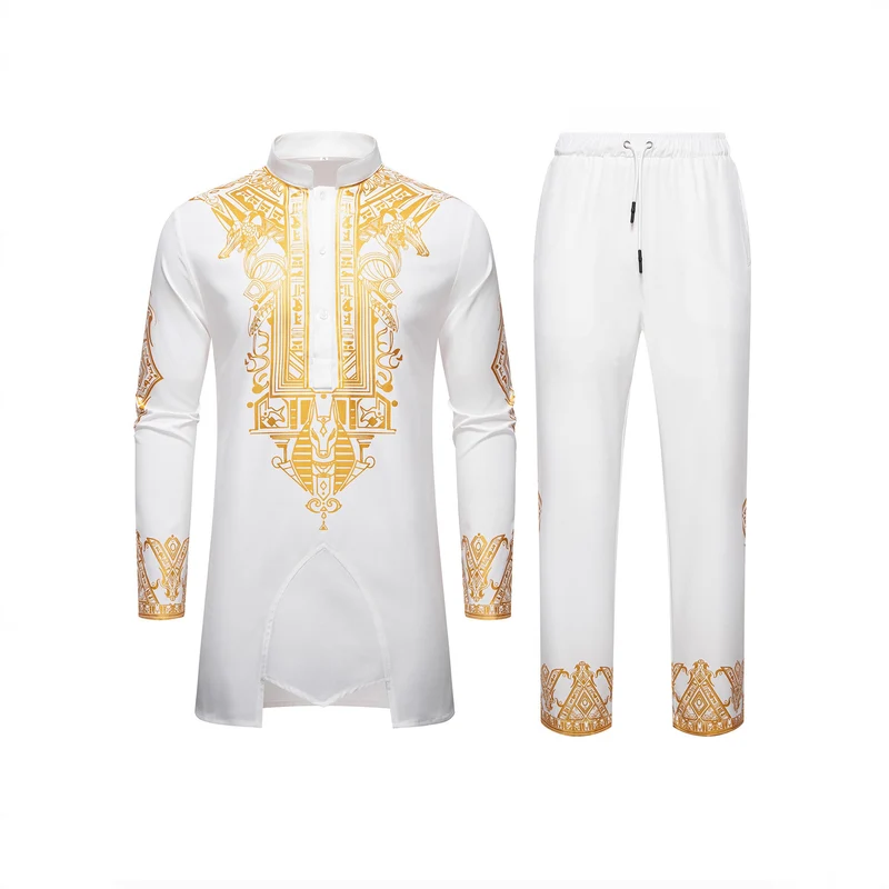 Herren Langes Tunika-Set mit Stehkragen, ägyptischer Goldprint und elastischer Joggerhose Drune