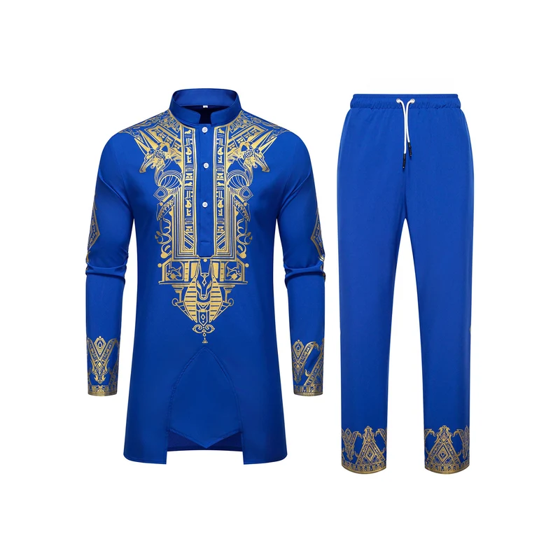 Herren Langes Tunika-Set mit Stehkragen, ägyptischer Goldprint und elastischer Joggerhose Drune
