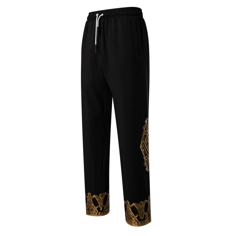 Herren Langes Tunika-Set mit Stehkragen, ägyptischer Goldprint und elastischer Joggerhose Drune