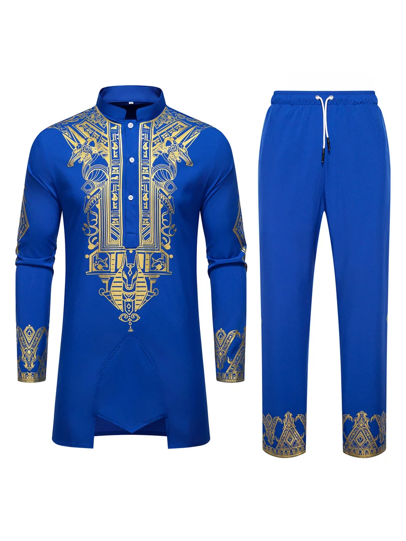 Herren Langes Tunika-Set mit Stehkragen, ägyptischer Goldprint und elastischer Joggerhose Drune