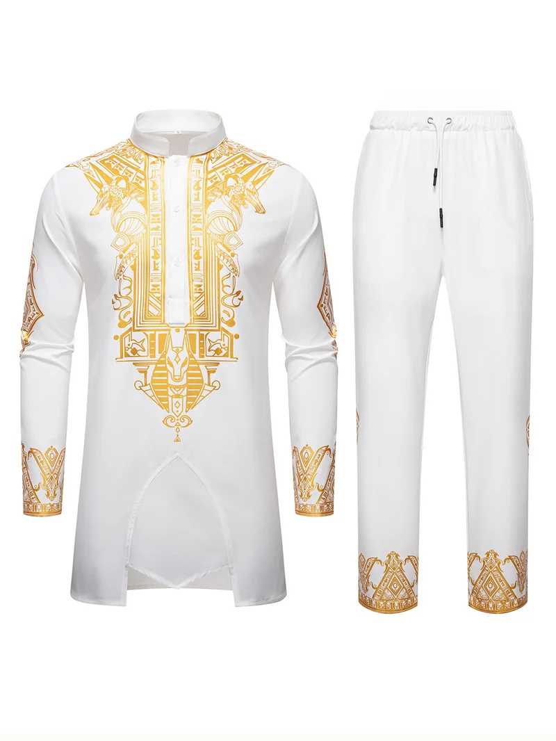 Herren Langes Tunika-Set mit Stehkragen, ägyptischer Goldprint und elastischer Joggerhose Drune