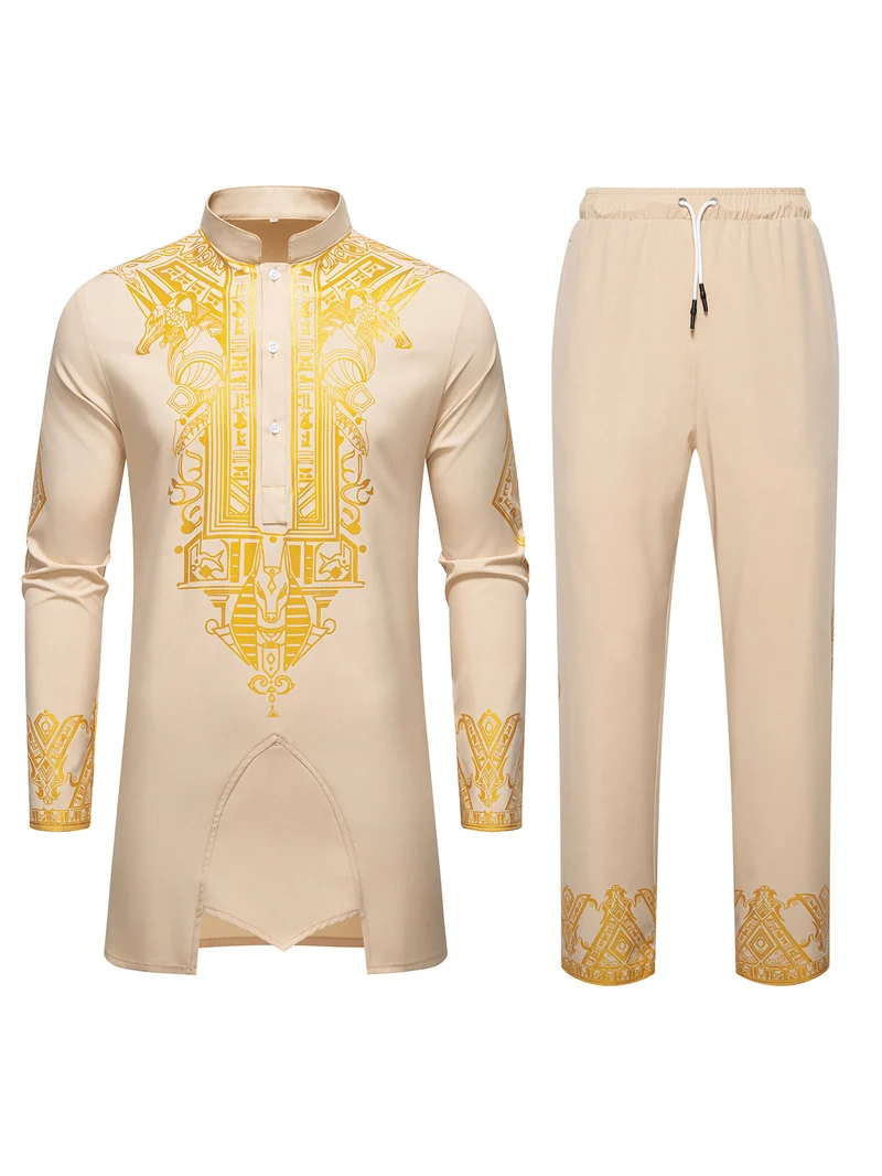 Herren Langes Tunika-Set mit Stehkragen, ägyptischer Goldprint und elastischer Joggerhose Drune