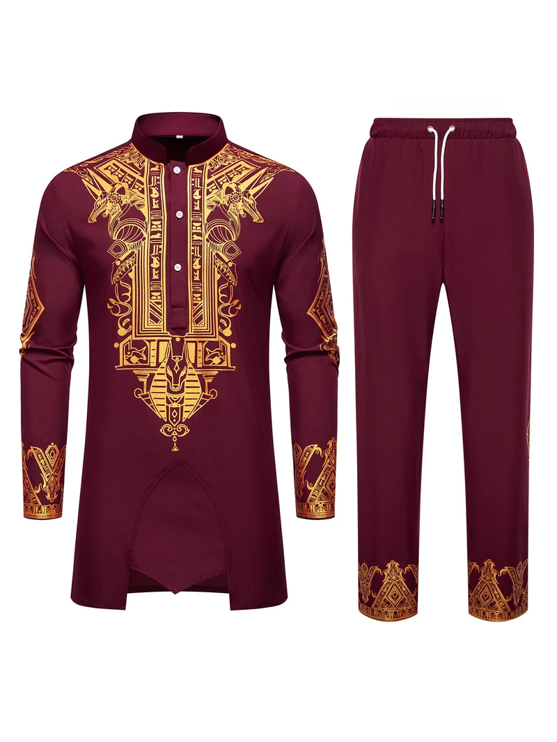 Herren Langes Tunika-Set mit Stehkragen, ägyptischer Goldprint und elastischer Joggerhose Drune