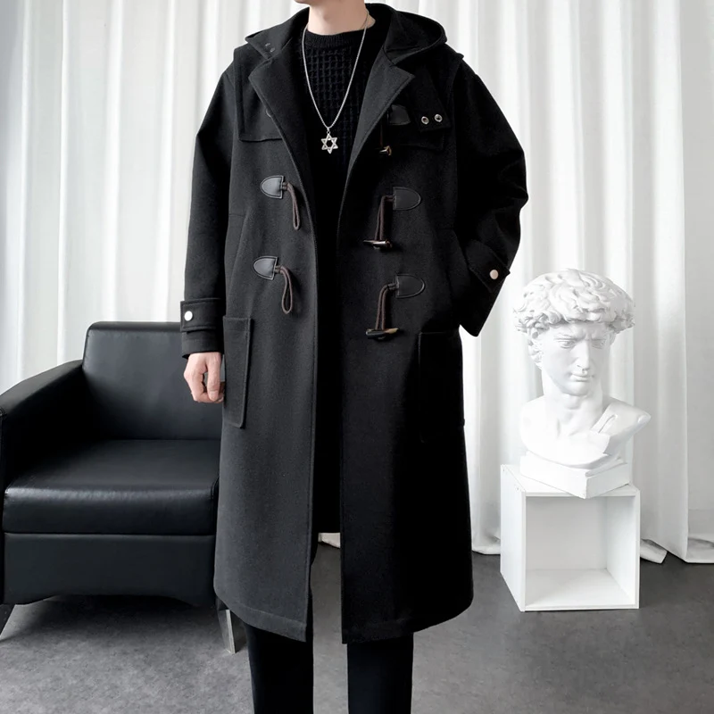 Herren Langer Wollmix Dufflecoat mit Kapuze, Knebelverschlüssen und aufgesetzten Taschen Drune