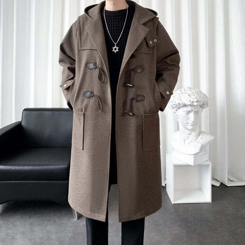 Herren Langer Wollmix Dufflecoat mit Kapuze, Knebelverschlüssen und aufgesetzten Taschen Drune