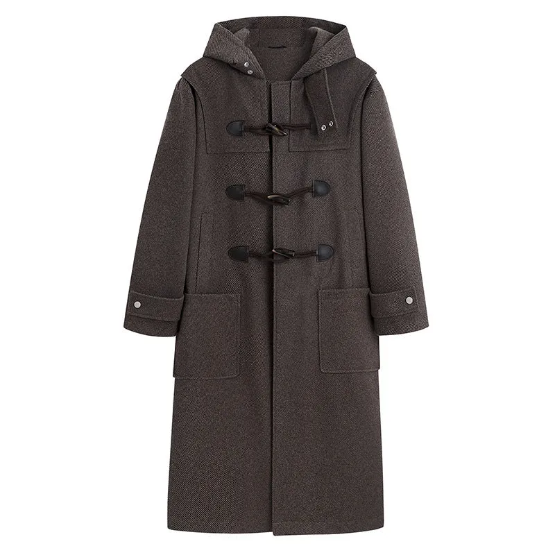 Herren Langer Wollmix Dufflecoat mit Kapuze, Knebelverschlüssen und aufgesetzten Taschen Drune