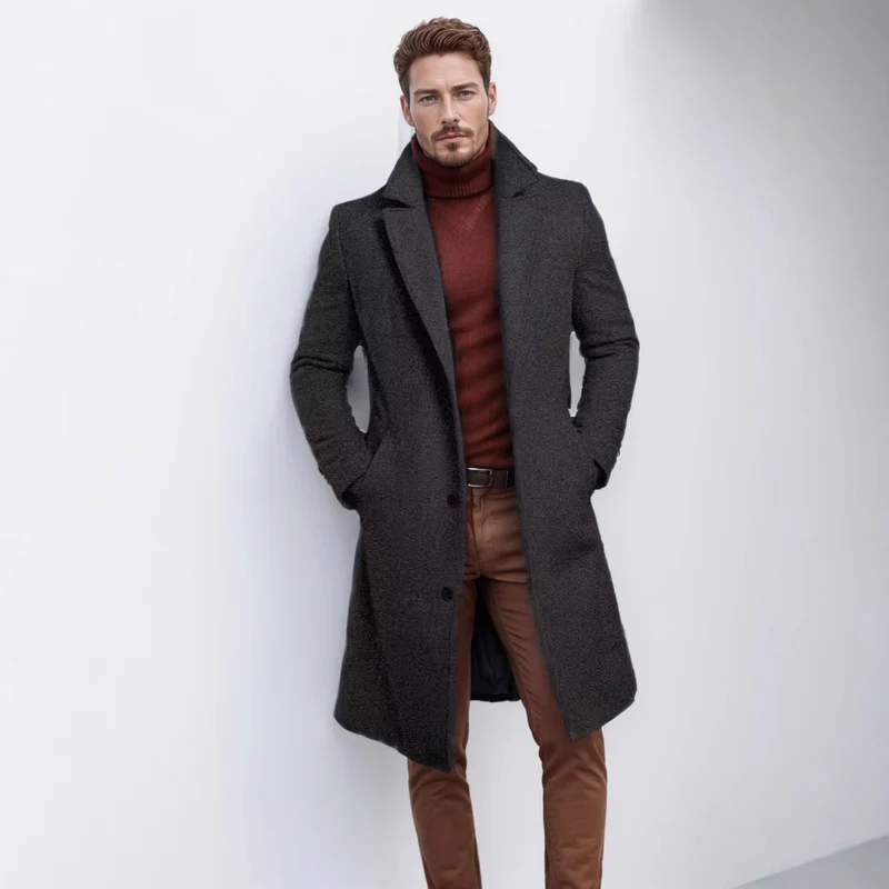 Herren Langer taillierter Mantel mit breitem Revers und edler Wollmischung Drune