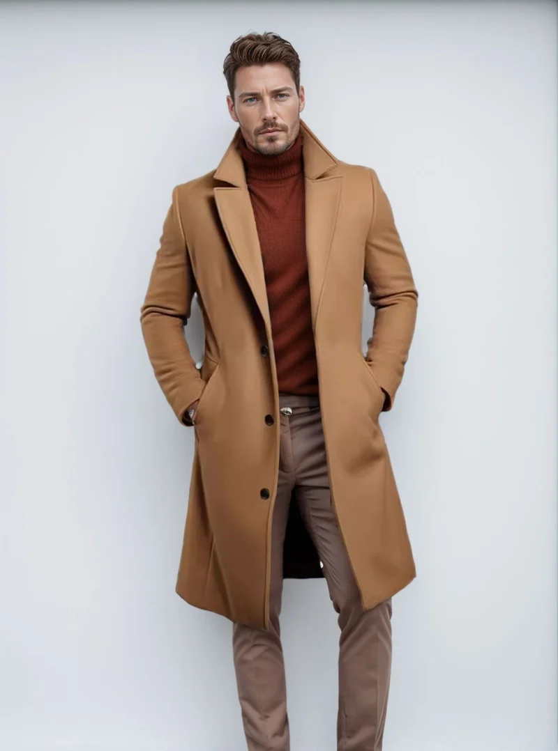 Herren Langer taillierter Mantel mit breitem Revers und edler Wollmischung Drune