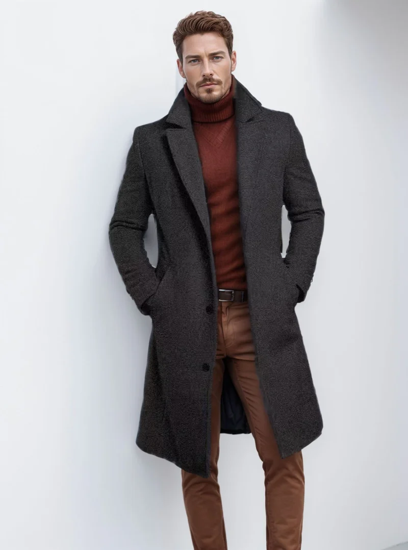 Herren Langer taillierter Mantel mit breitem Revers und edler Wollmischung Drune