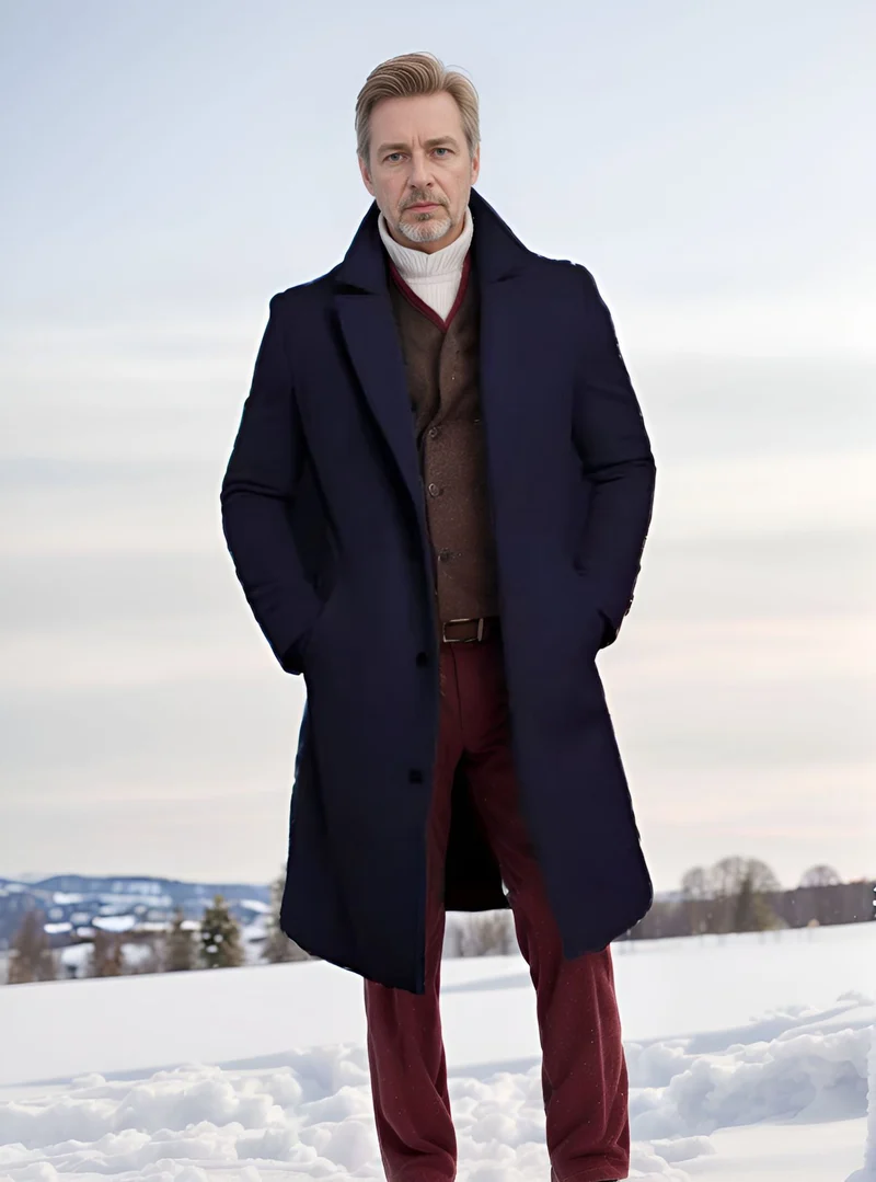 Herren Langer taillierter Mantel mit breitem Revers und edler Wollmischung Drune
