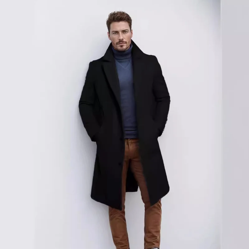 Herren Langer taillierter Mantel mit breitem Revers und edler Wollmischung Drune
