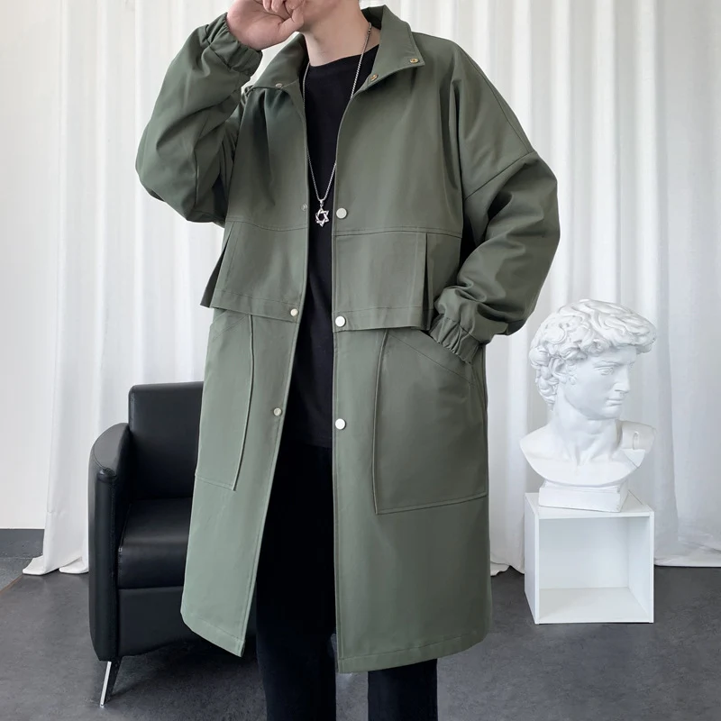 Herren Langer Oversize Utility Mantel mit zweistufiger Front, Druckknopfverschluss und großen Pattentaschen Drune