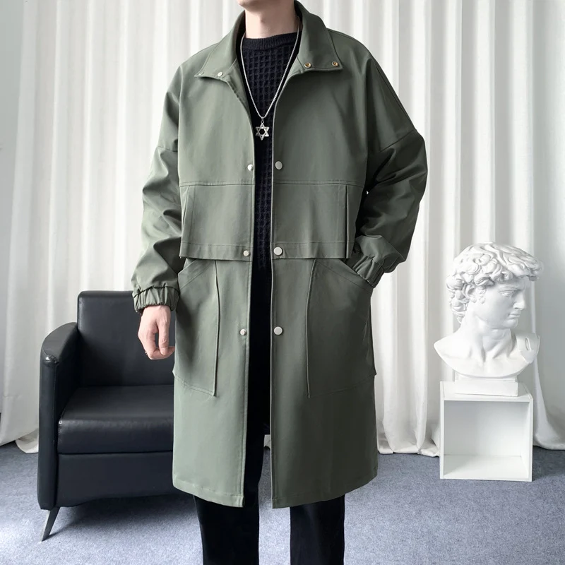 Herren Langer Oversize Utility Mantel mit zweistufiger Front, Druckknopfverschluss und großen Pattentaschen Drune