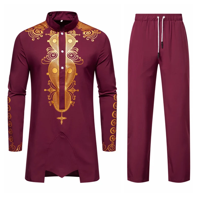 Herren Lange Tunika mit Stehkragen und goldverziertem Ornament Drune
