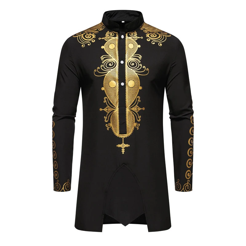 Herren Lange Tunika mit Stehkragen und goldverziertem Ornament Drune
