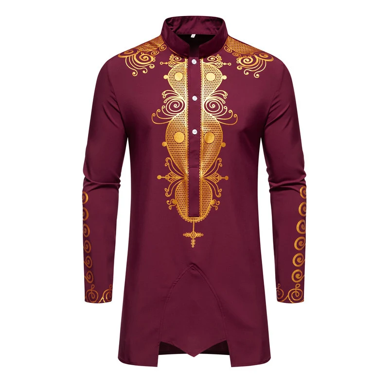 Herren Lange Tunika mit Stehkragen und goldverziertem Ornament Drune
