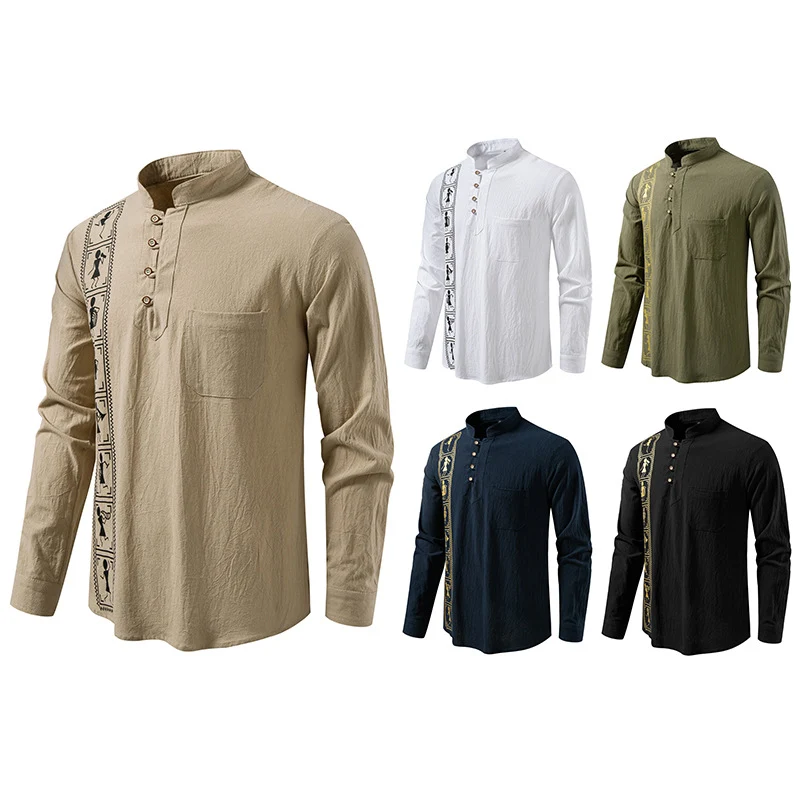 Herren Langärmeliges Baumwoll-Henleyhemd mit Stehkragen und ethnischer Vertical-Stickerei Drune