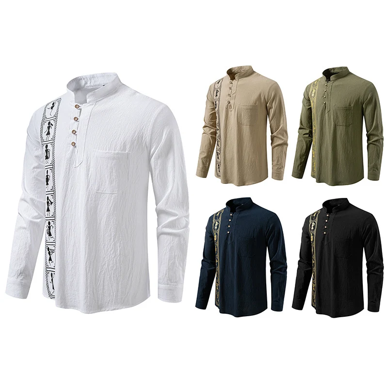 Herren Langärmeliges Baumwoll-Henleyhemd mit Stehkragen und ethnischer Vertical-Stickerei Drune