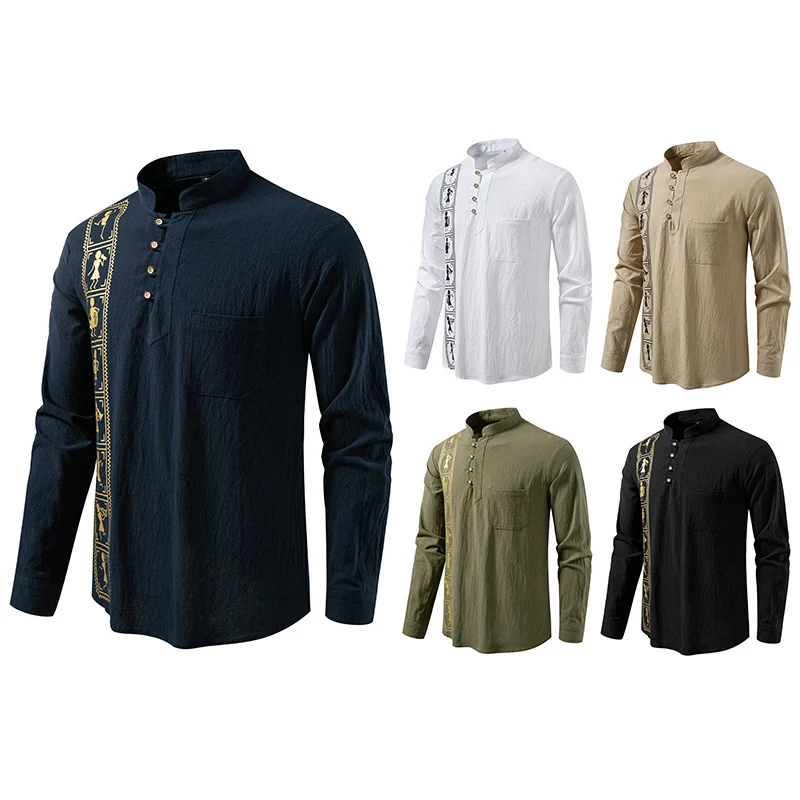 Herren Langärmeliges Baumwoll-Henleyhemd mit Stehkragen und ethnischer Vertical-Stickerei Drune