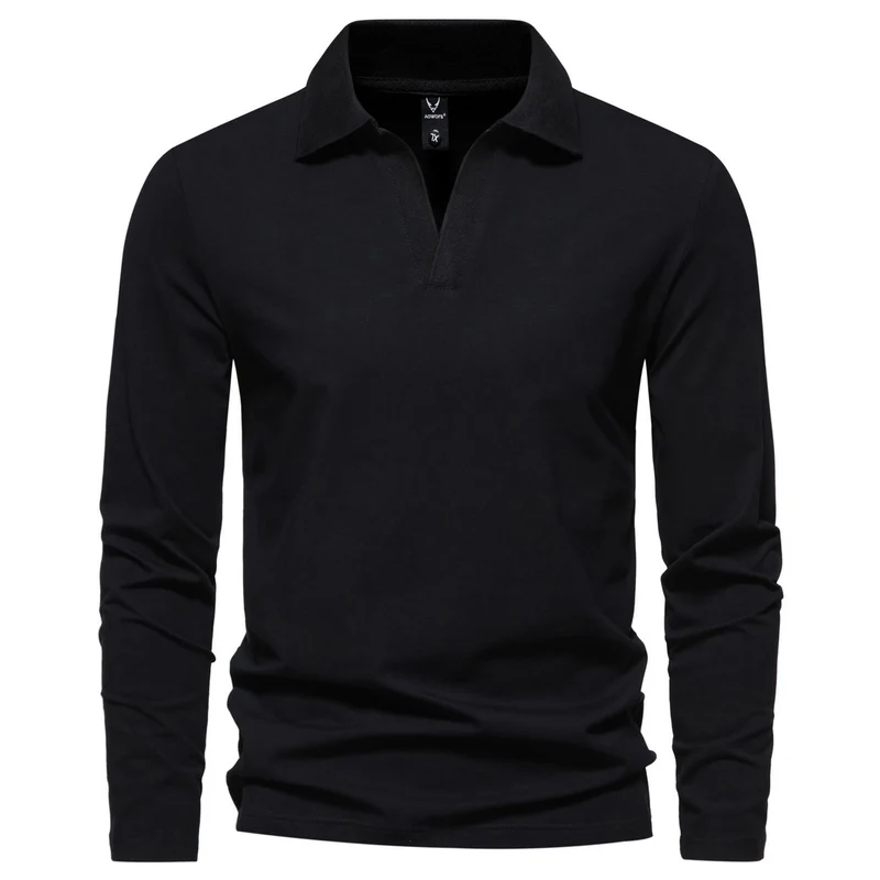 Herren Langarm-Poloshirt mit offenem V-Ausschnitt und Kentkragen Drune