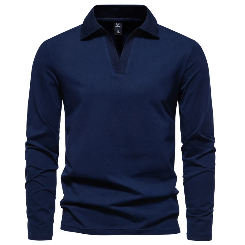 Herren Langarm-Poloshirt mit offenem V-Ausschnitt und Kentkragen Drune