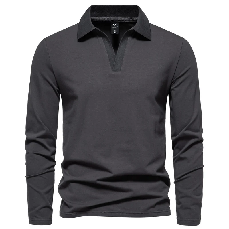 Herren Langarm-Poloshirt mit offenem V-Ausschnitt und Kentkragen Drune